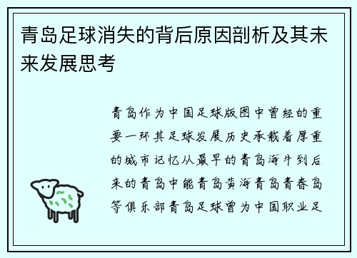 青岛足球消失的背后原因剖析及其未来发展思考
