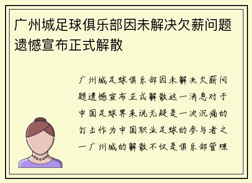 广州城足球俱乐部因未解决欠薪问题遗憾宣布正式解散