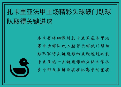 扎卡里亚法甲主场精彩头球破门助球队取得关键进球 扎卡里亚法甲主场精彩头球破门助球队取得关键进球