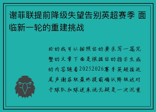 谢菲联提前降级失望告别英超赛季 面临新一轮的重建挑战